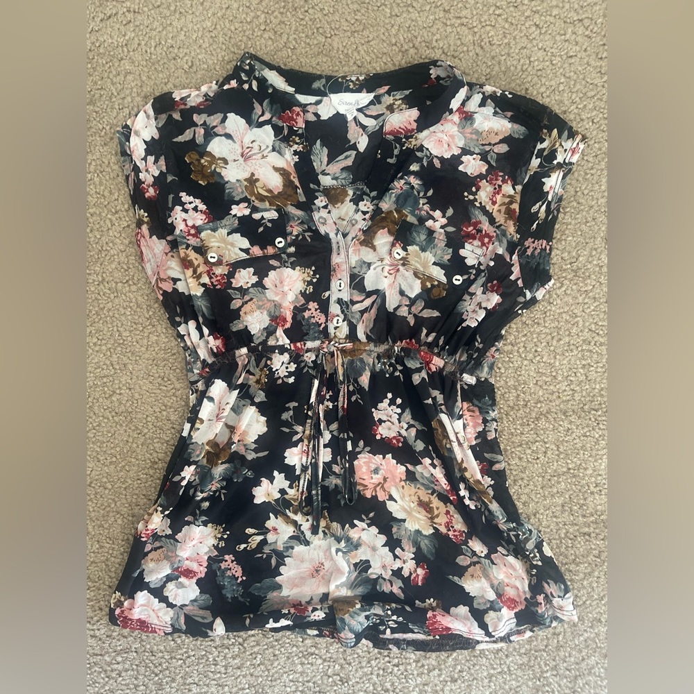 Sheer, black and pink floral, maternity shirt - Picture 1 of 2